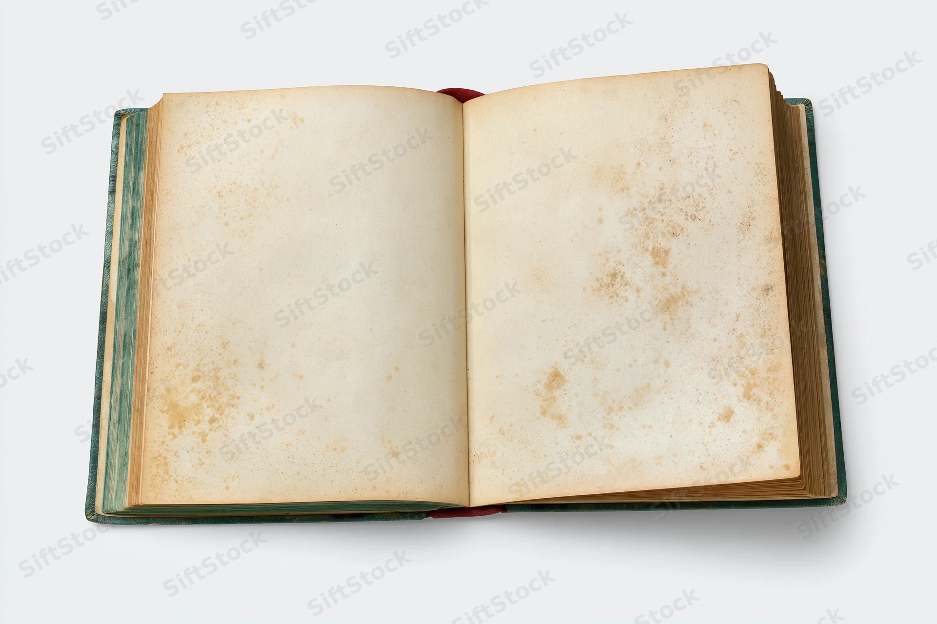 Open vintage hardcover book with blank yellowed pages on white background