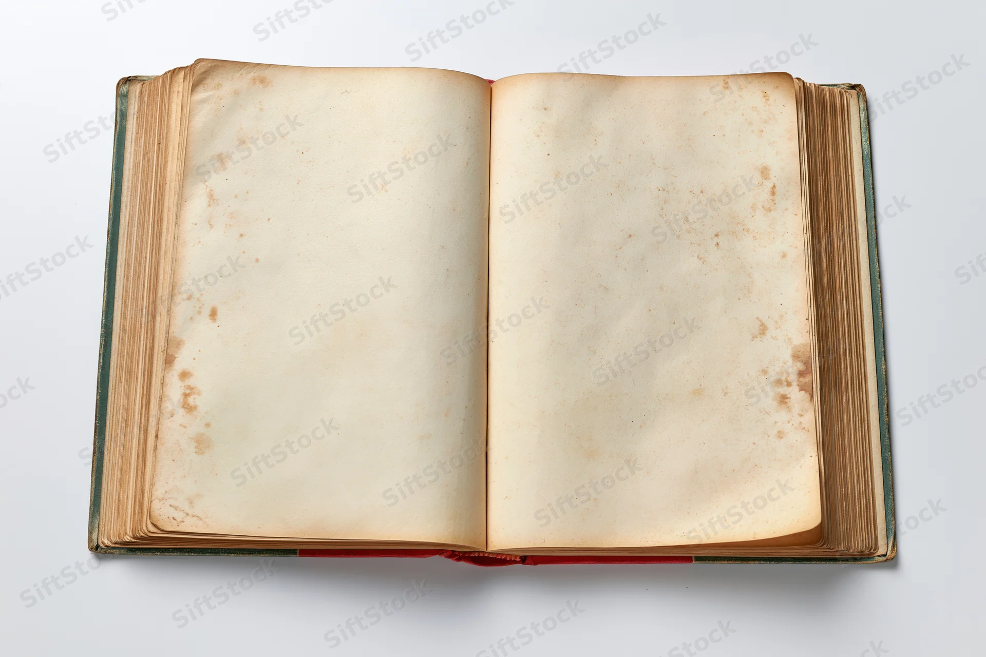 Open vintage hardcover book with blank yellowed pages on white background