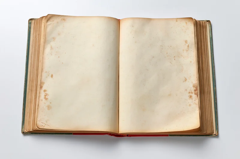 Open vintage hardcover book with blank yellowed pages on white background