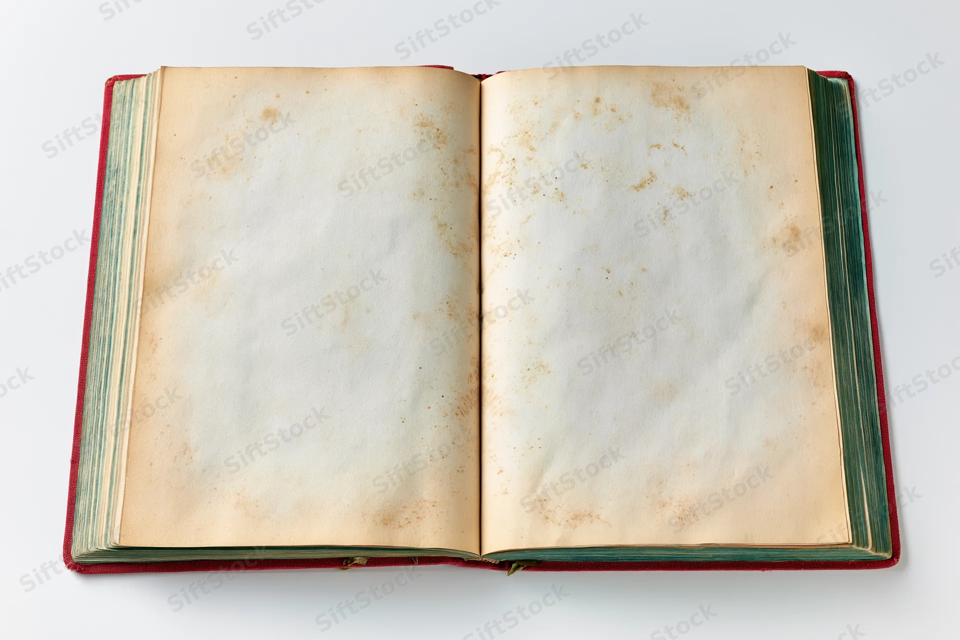 Open vintage hardcover book with blank yellowed pages on white background