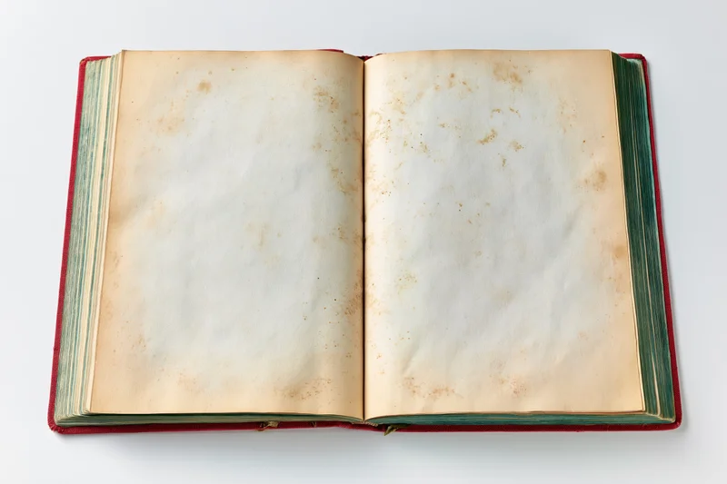 Old hardcover book lying open showing two blank yellowed pages