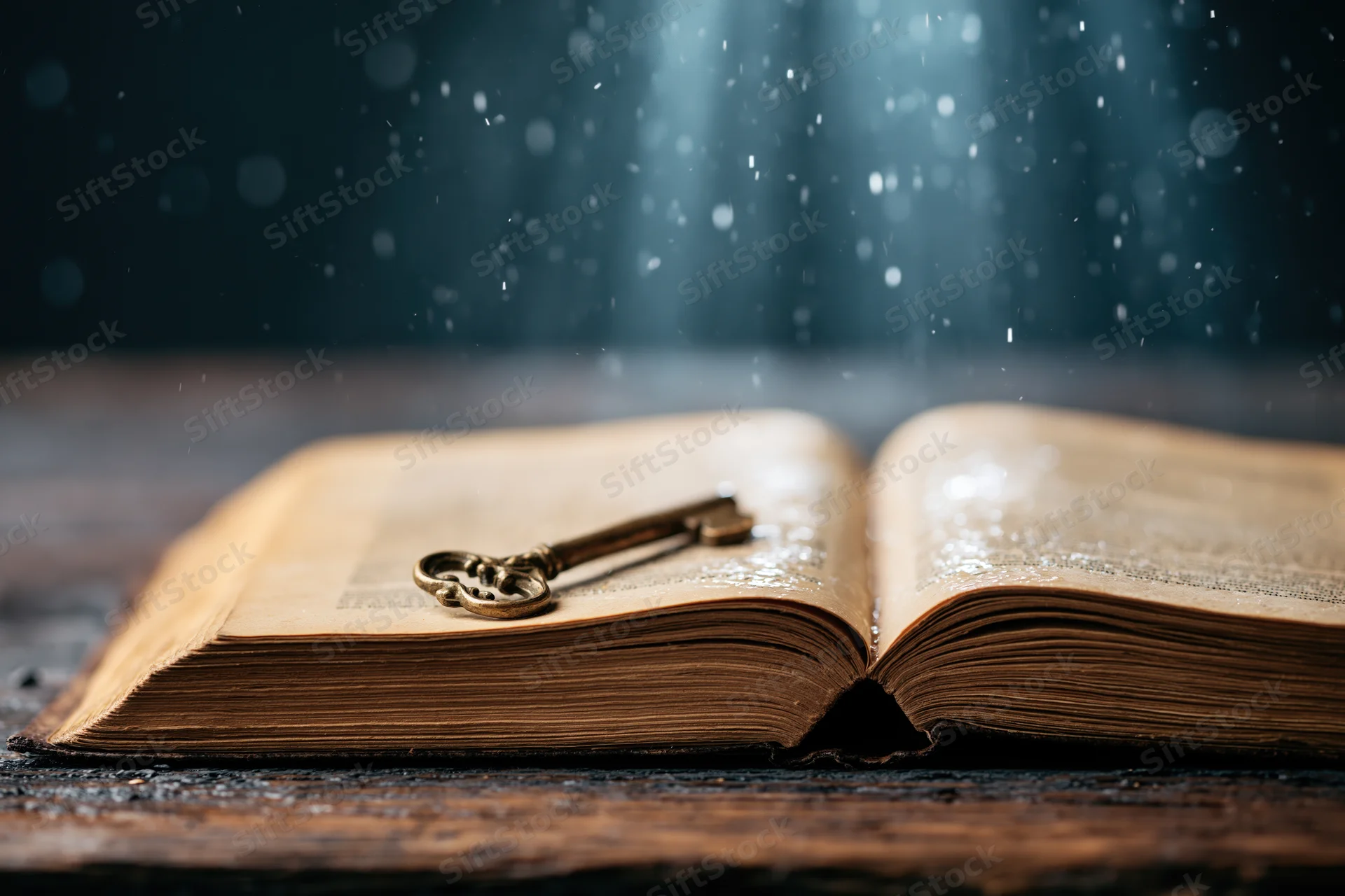 Open antique book with brass key resting on yellowed pages on worn wooden table under glowing light rays and floating dust particles