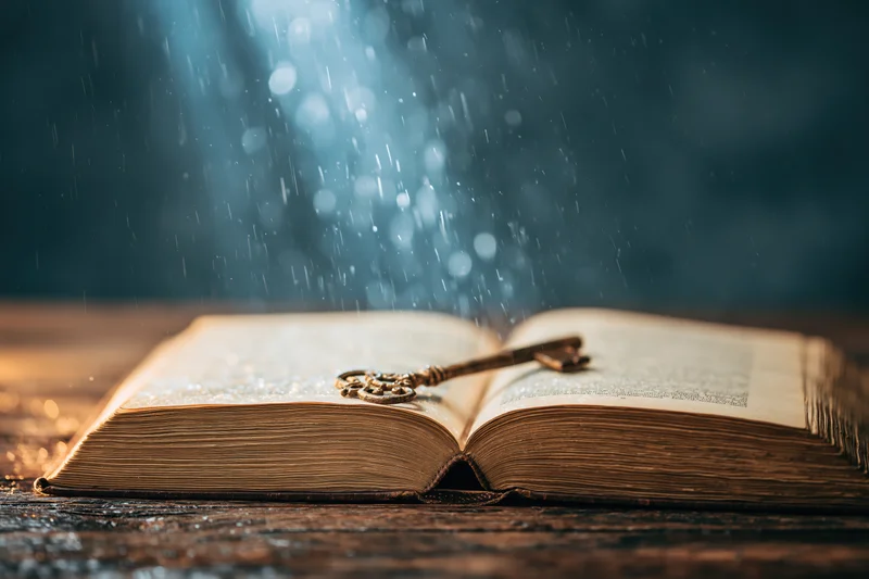 Open antique book with ornate brass key resting on yellowed pages on rustic wooden table under glowing particles