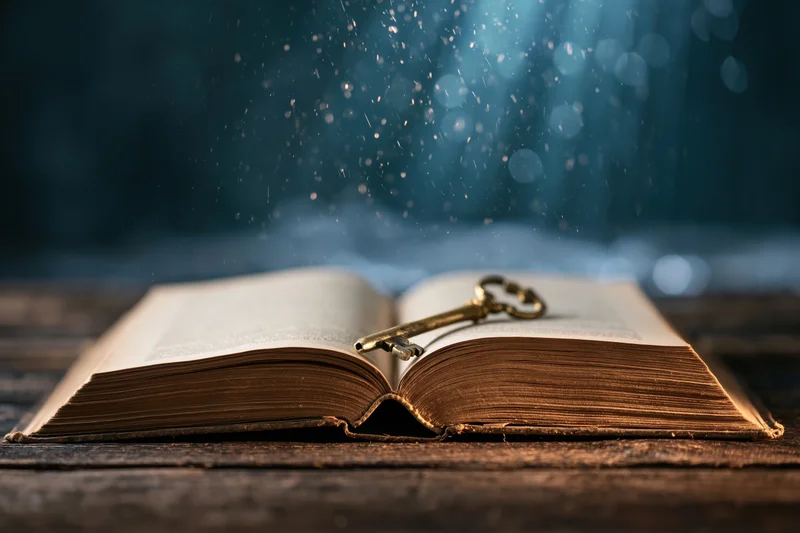 Open antique book with brass key resting on pages on wooden table, dust particles floating in blue light