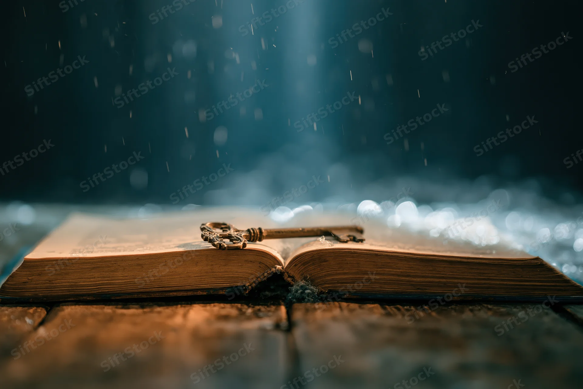 Open antique book with ornate key resting on pages on worn wooden table under dust motes and light beam