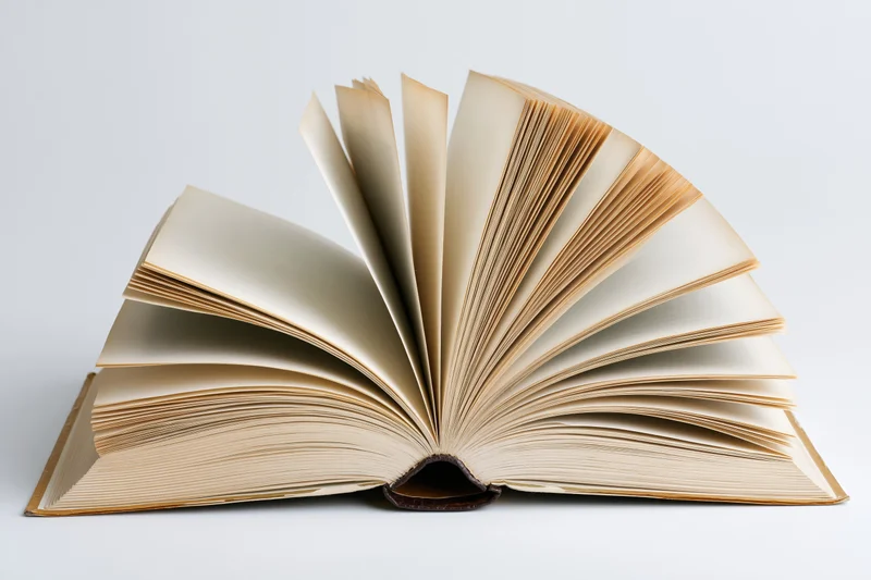 Open hardcover book with pages fanned outward mid-flip on white background