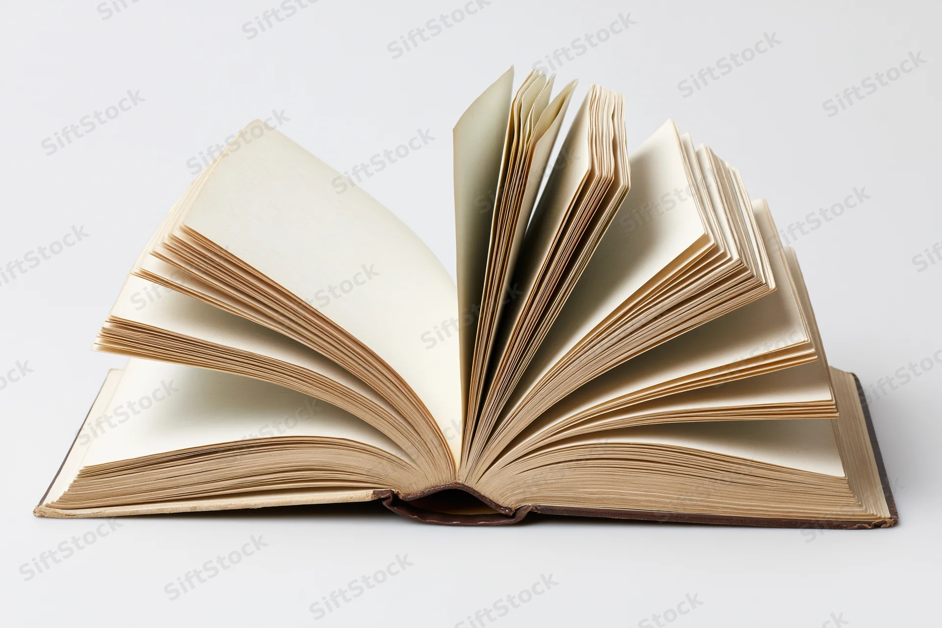 Open hardcover book with pages fanned outward mid-flip on white background