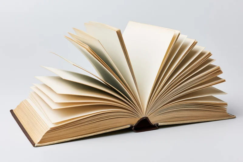 Open hardcover book with pages fanned outward mid-flip on white background