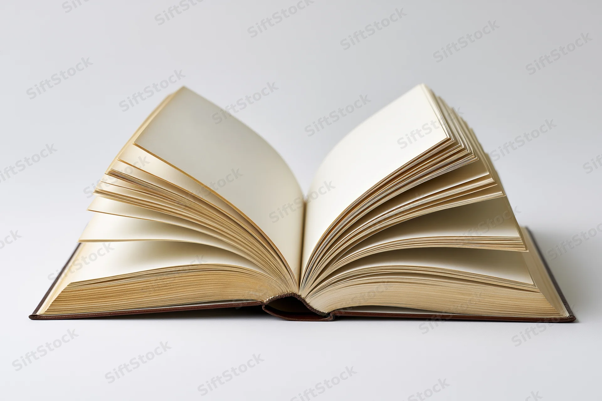 Open hardcover book with pages fanned outward mid-flip on white background