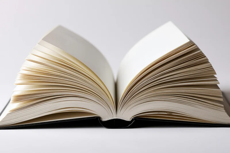 Open hardcover book with pages fanned outward symmetrically on white background