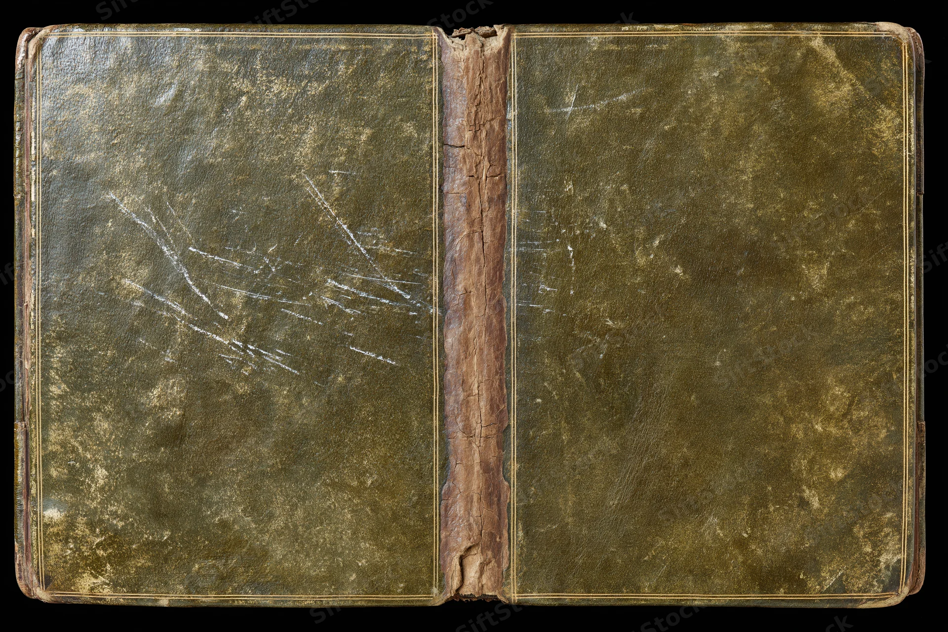 Antique leather book opened flat showing front and back covers with cracked spine and worn surface