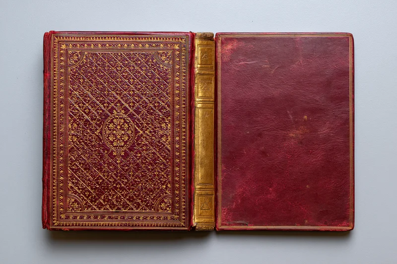 Antique hardcover book open flat showing front and back covers with ornate gold embossing on red leather