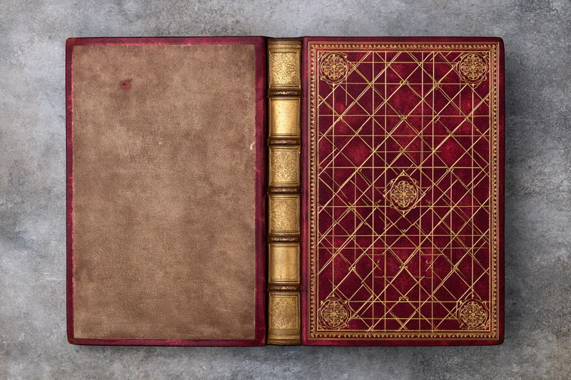 Open antique book with red leather cover and gold embossed pattern lying flat on gray stone surface