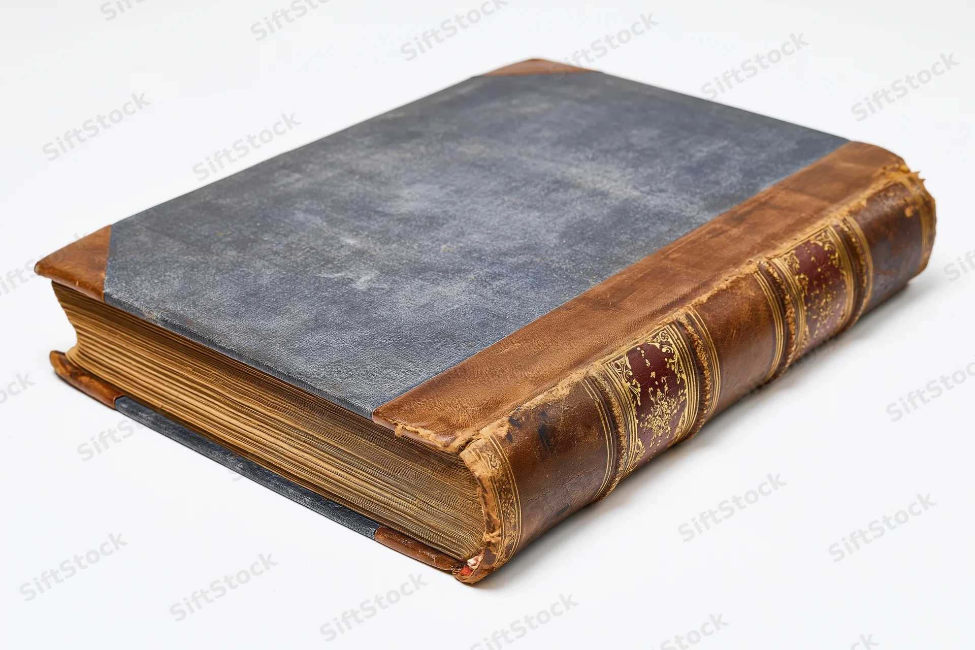 Antique hardcover book with leather binding and gold embossing on spine, lying closed on white surface