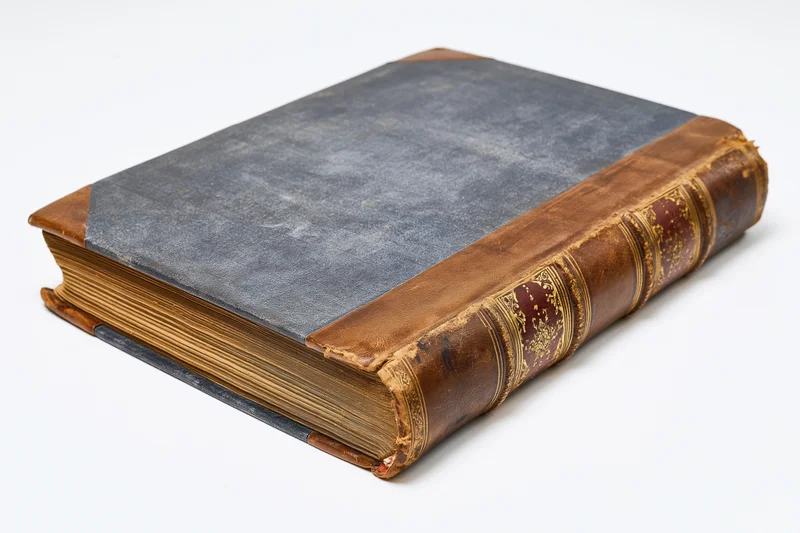 Antique hardcover book with leather binding and gold embossing on spine, lying closed on white surface