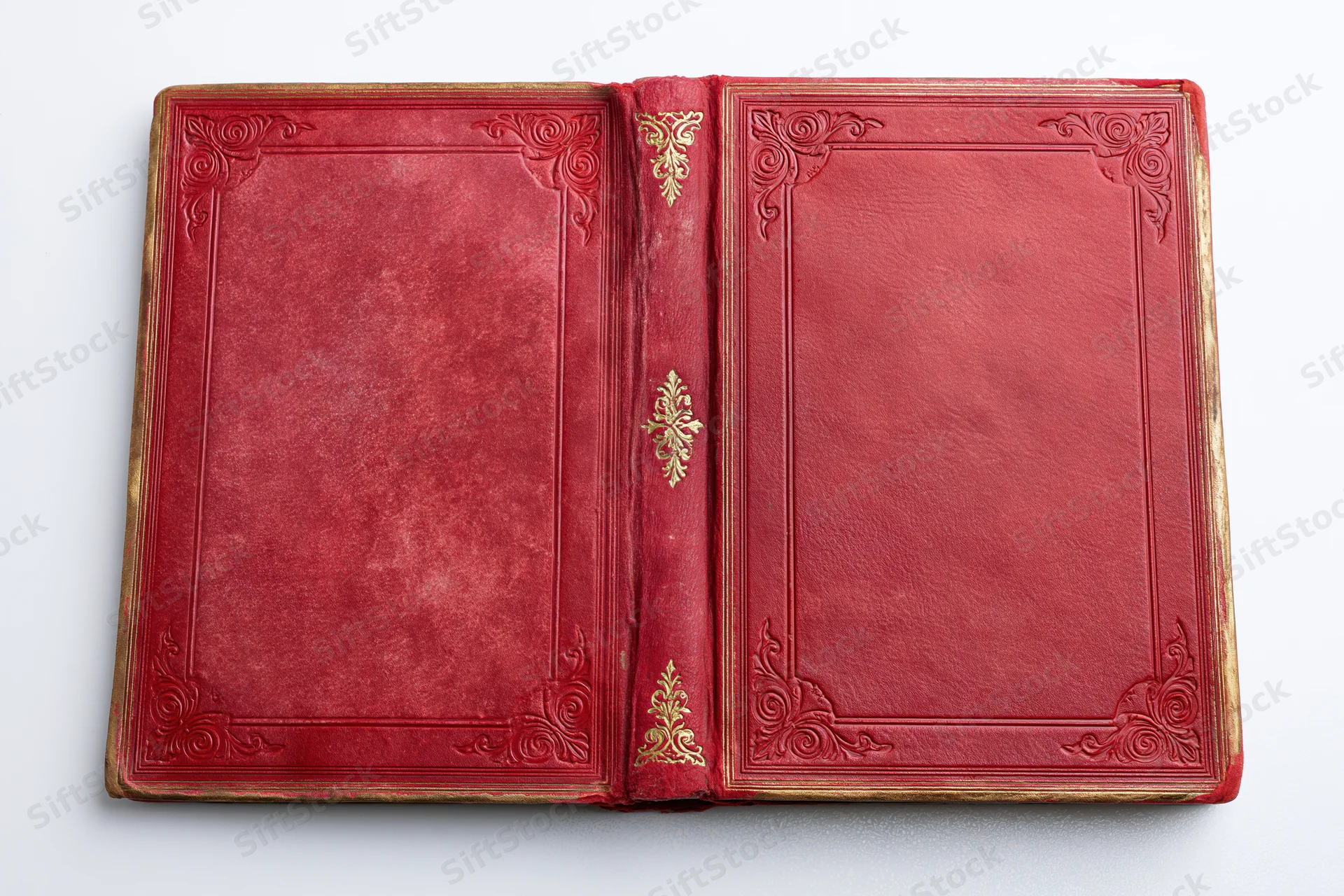 Open antique red leather book with gold embossed decoration on white background