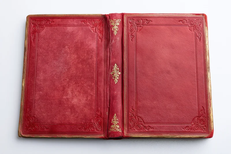 Open antique red leather book with gold embossed decoration on white background