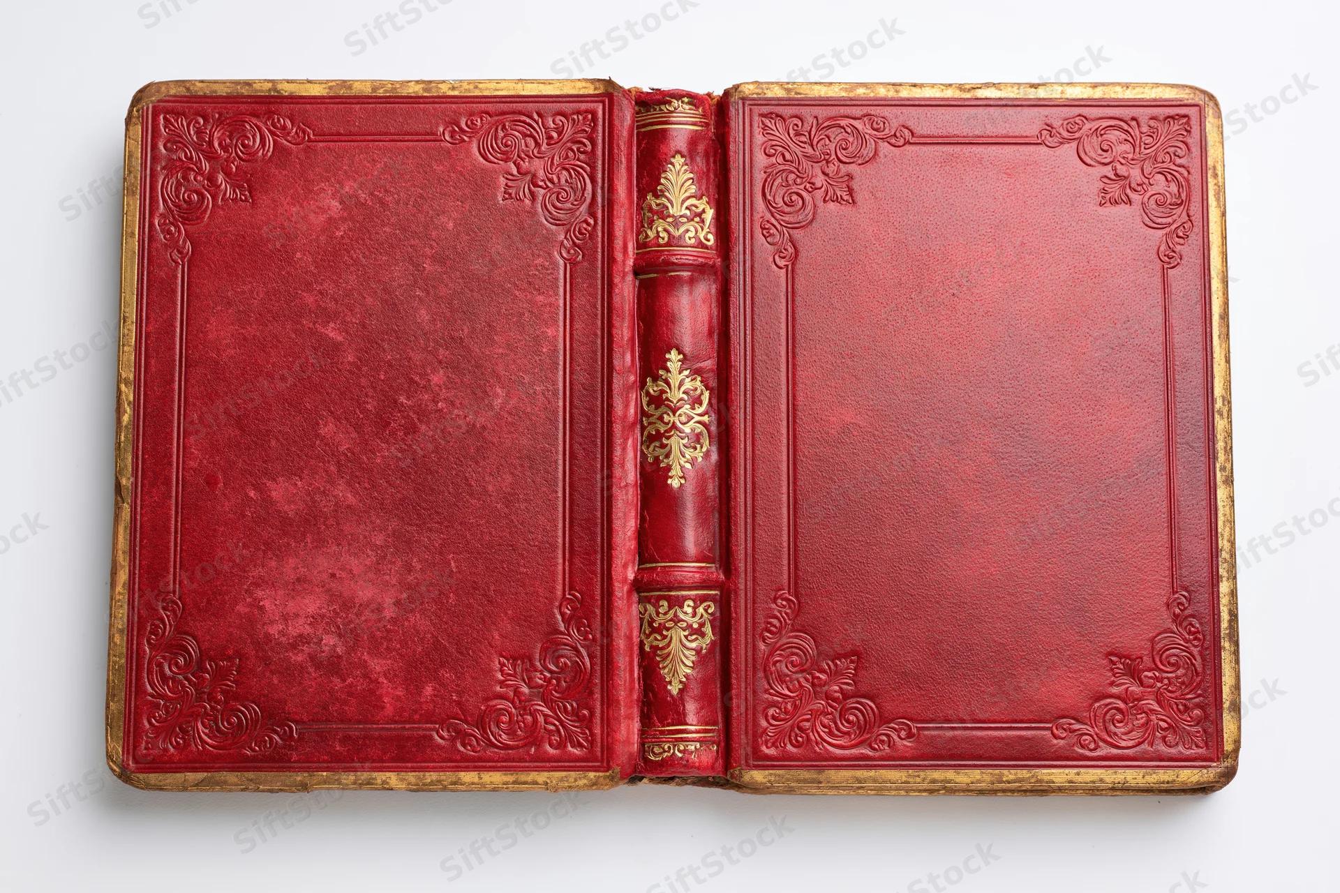 Open antique red leather book with gold embossed decoration lying flat on white surface