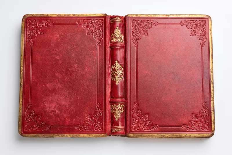Open antique red leather book with gold embossed decoration lying flat on white surface