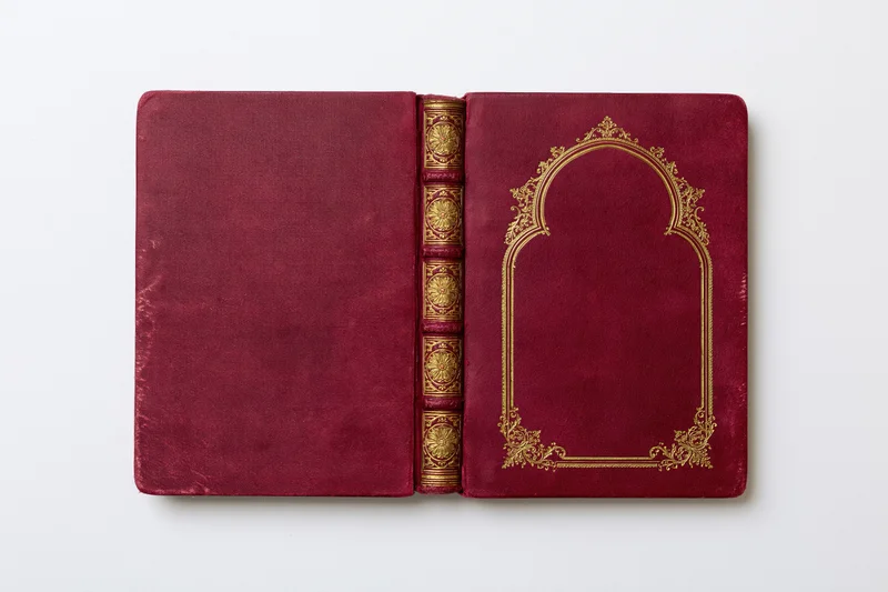Antique hardcover book opened flat showing both covers and spine with gold embossed decoration on maroon velvet material