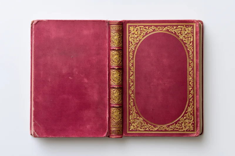 Antique hardcover book opened flat showing both covers and spine on white background