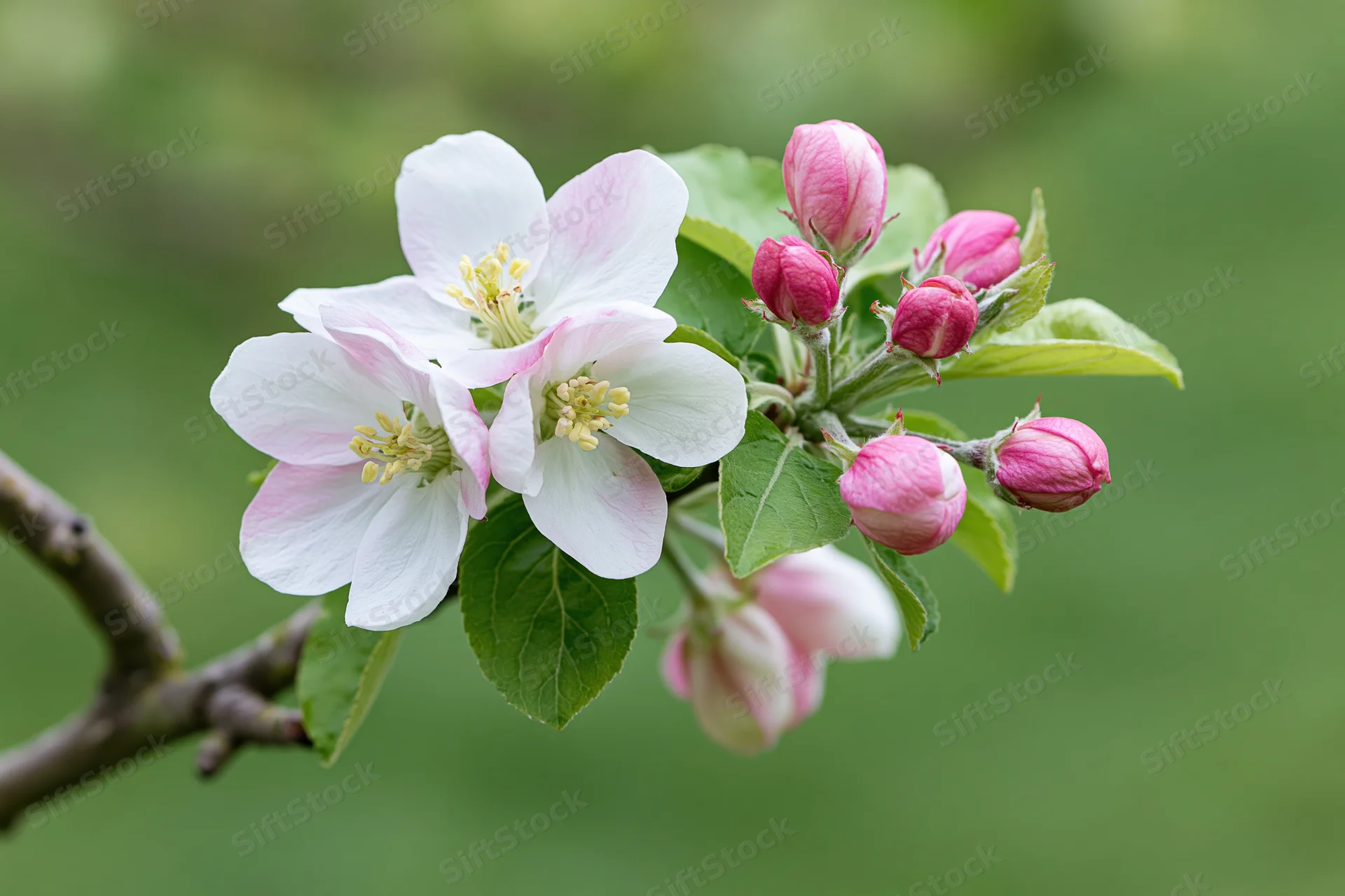 Apple tree branch with open white blossoms and pink buds among green leaves in spring garden