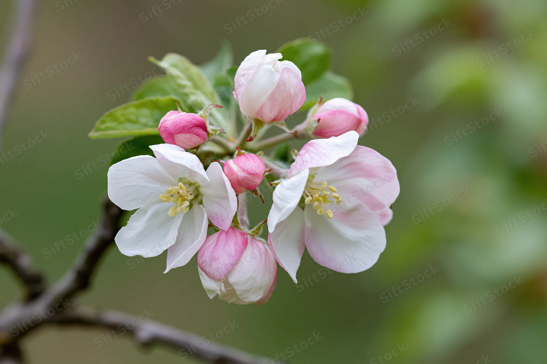 Apple tree branch with white and pink blossoms in spring garden