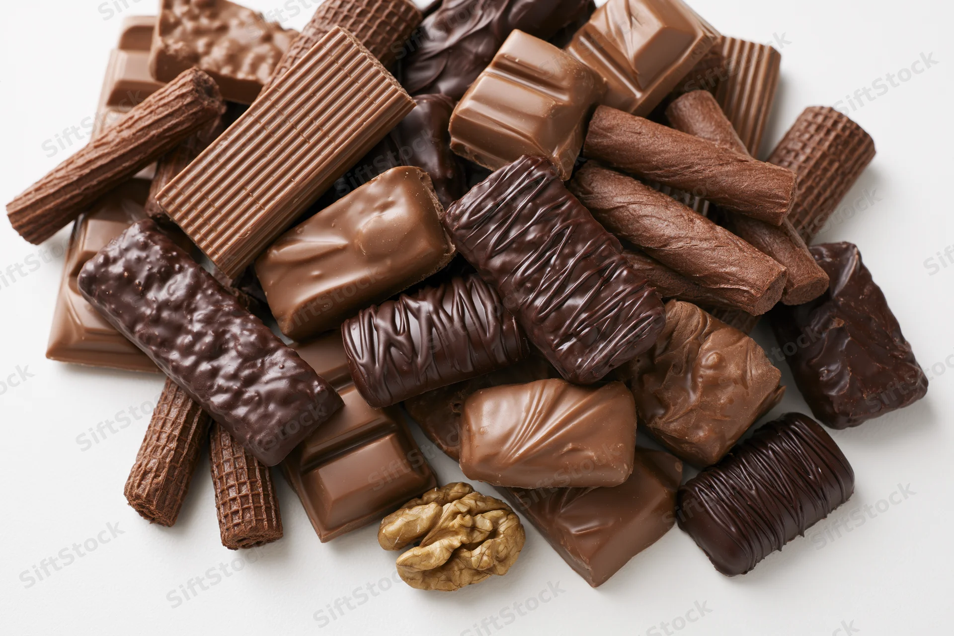 Assorted chocolate bars and wafer sticks piled on white background