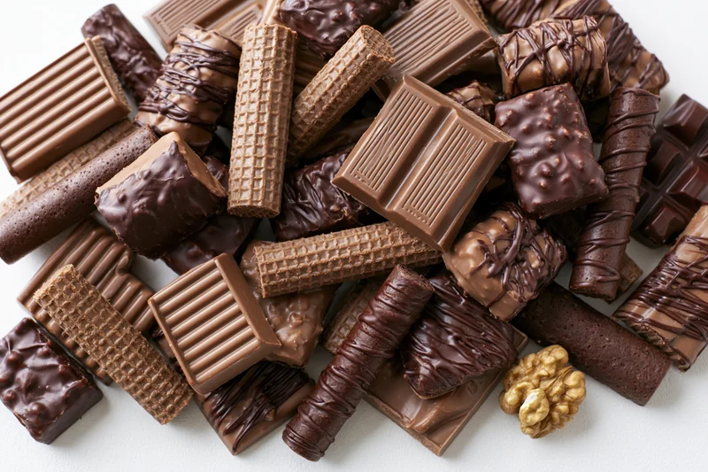 Assorted chocolate bars and wafer sticks piled on white surface