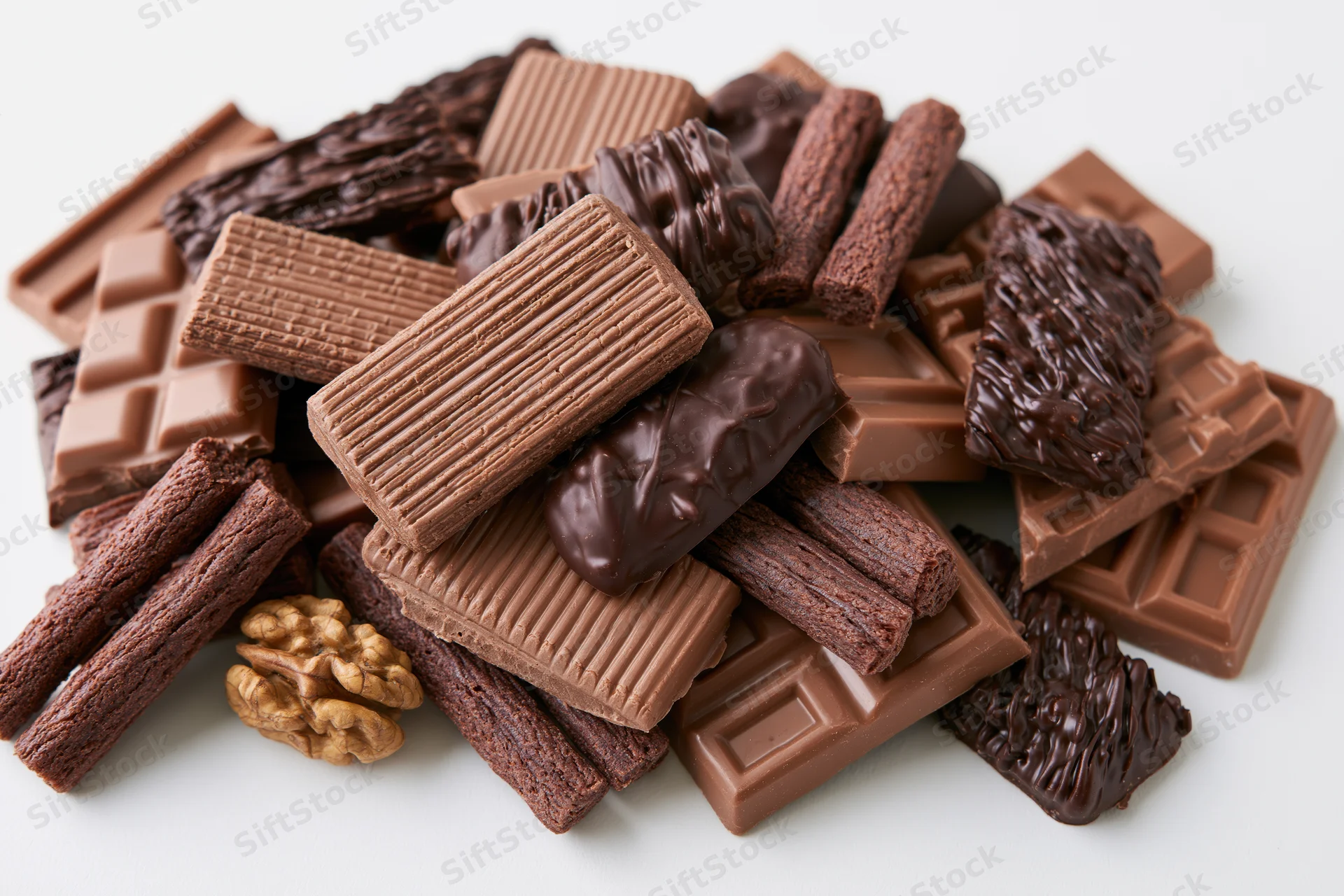 Assorted chocolate bars and wafer sticks piled together on white surface