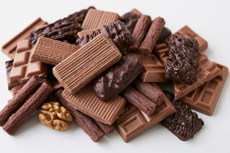 Assorted chocolate bars and wafer sticks piled together on white surface