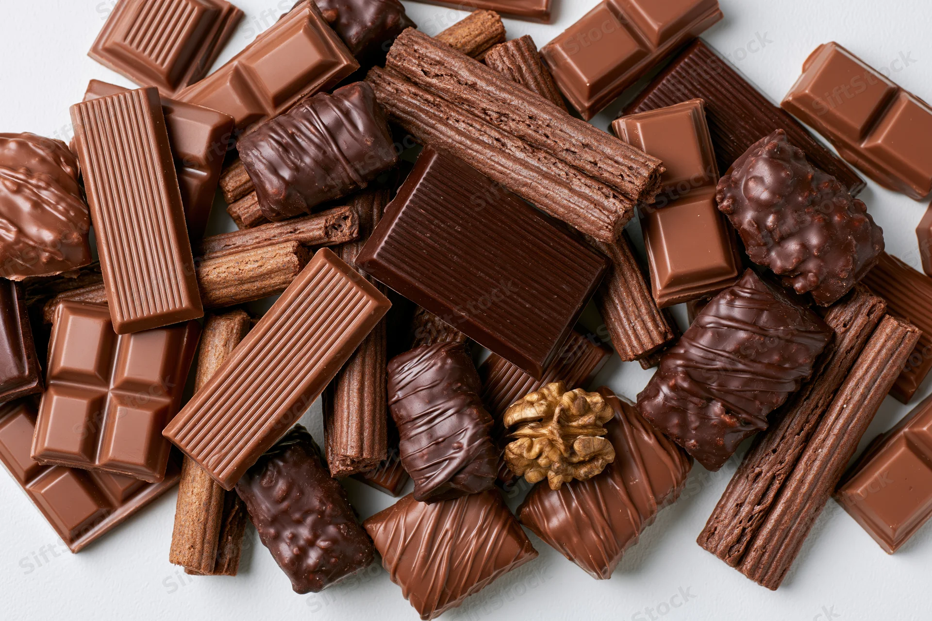 Assorted chocolate bars and wafer sticks piled on white surface