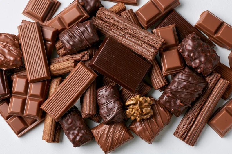 Assorted chocolate bars and wafer sticks piled on white surface
