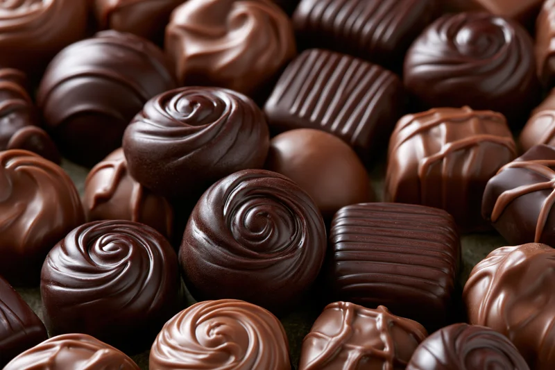 Assorted chocolate pralines and truffles in close-up arrangement with glossy swirl and ribbed textures