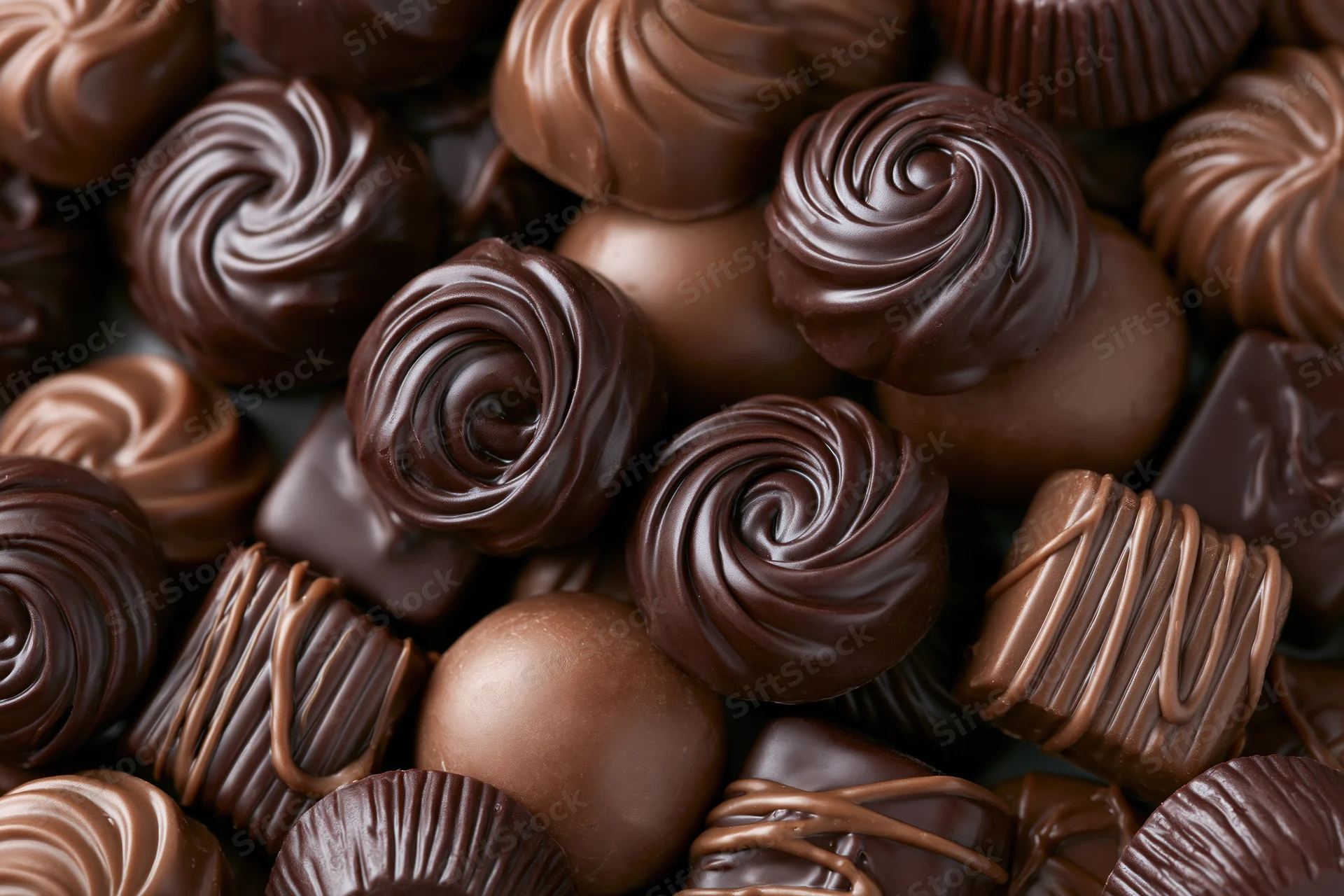 Assorted chocolate pralines and truffles piled closely together in a closeup view