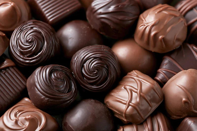 Assorted chocolate pralines and truffles with swirl and ribbed patterns packed closely together