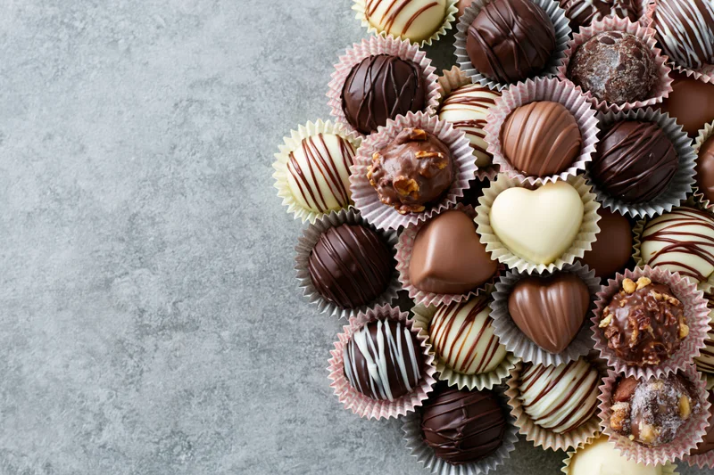 Assorted chocolate truffles and pralines in pastel paper cups arranged on a gray surface with copyspace