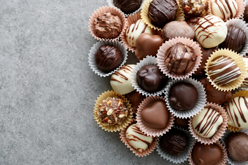 Assorted chocolate truffles and pralines in pastel paper cups arranged on gray surface with copyspace