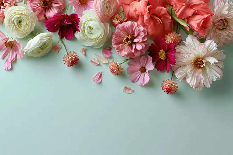 Assorted fresh flowers arranged loosely in the upper-left corner on a mint background