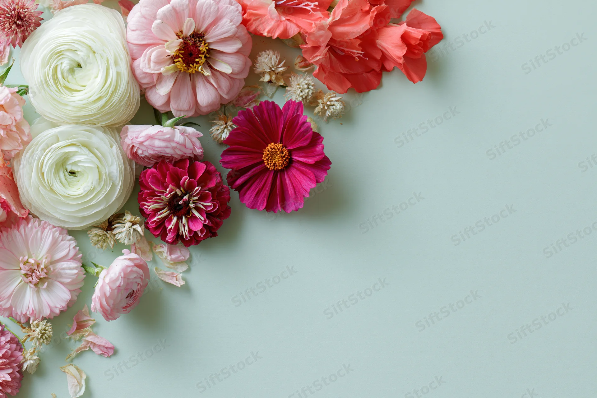 Assorted fresh flowers arranged loosely in the upper-left corner on a pastel background