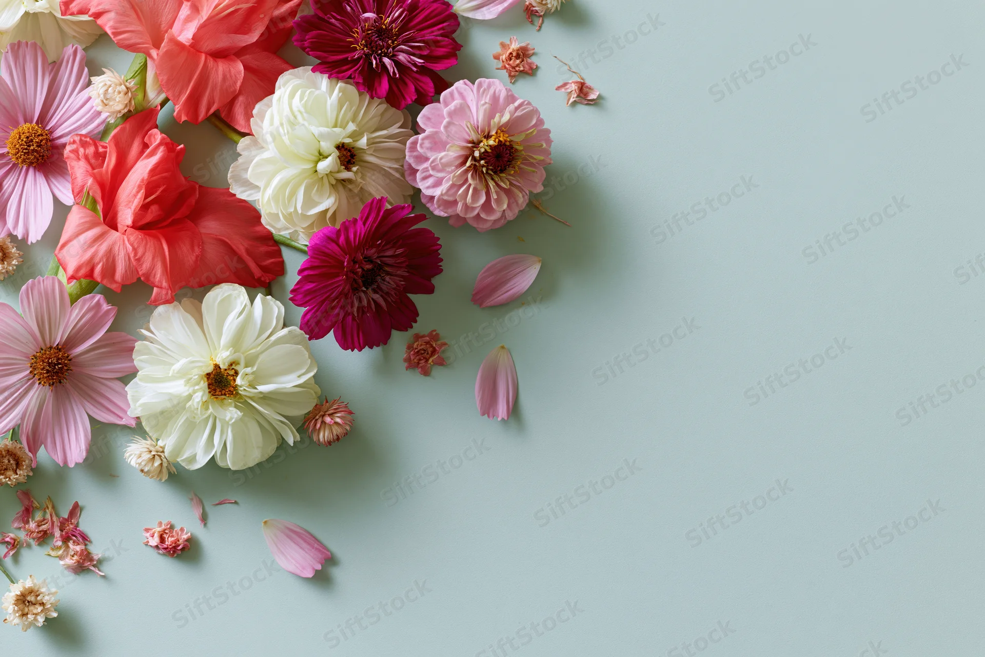 Assorted fresh flowers arranged loosely in the upper-left corner on a light blue surface