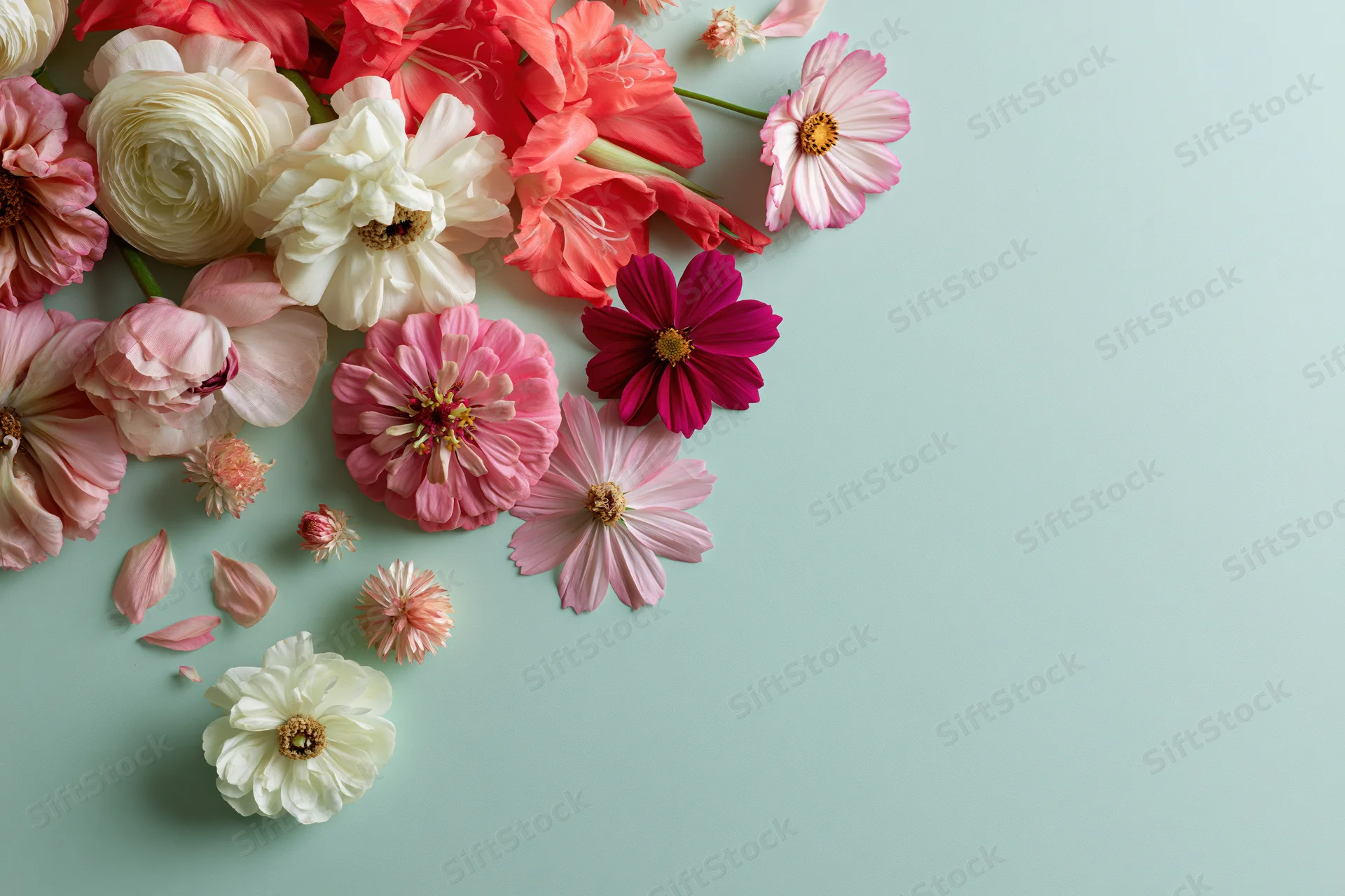 Assorted fresh flowers arranged loosely in the upper-left corner on a mint background