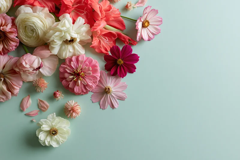 Assorted fresh flowers arranged loosely in the upper-left corner on a mint background