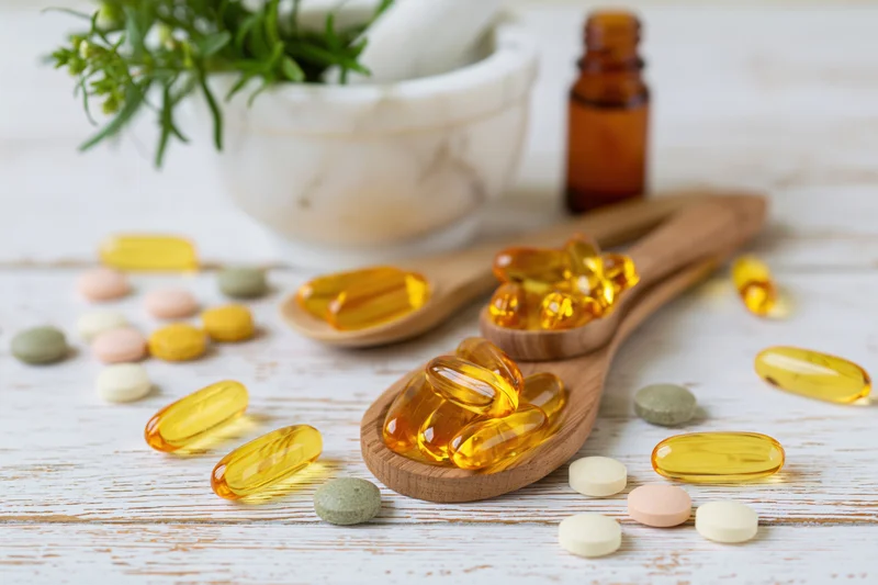 Herbal supplement capsules and gel caps arranged on wooden spoons and table with mortar, pestle, herbs, and bottle