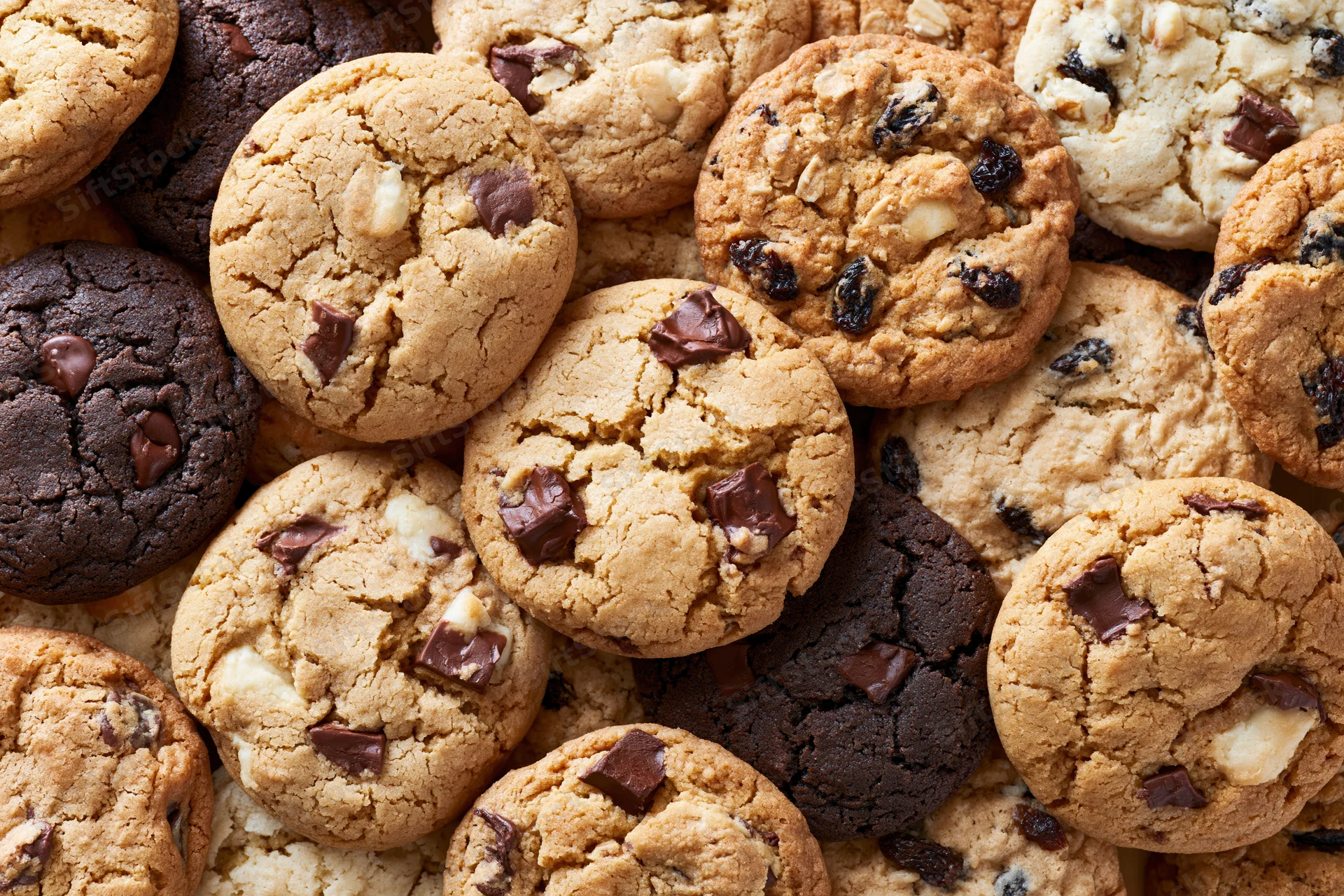 Assorted homemade cookies piled together filling the frame in a close-up top view