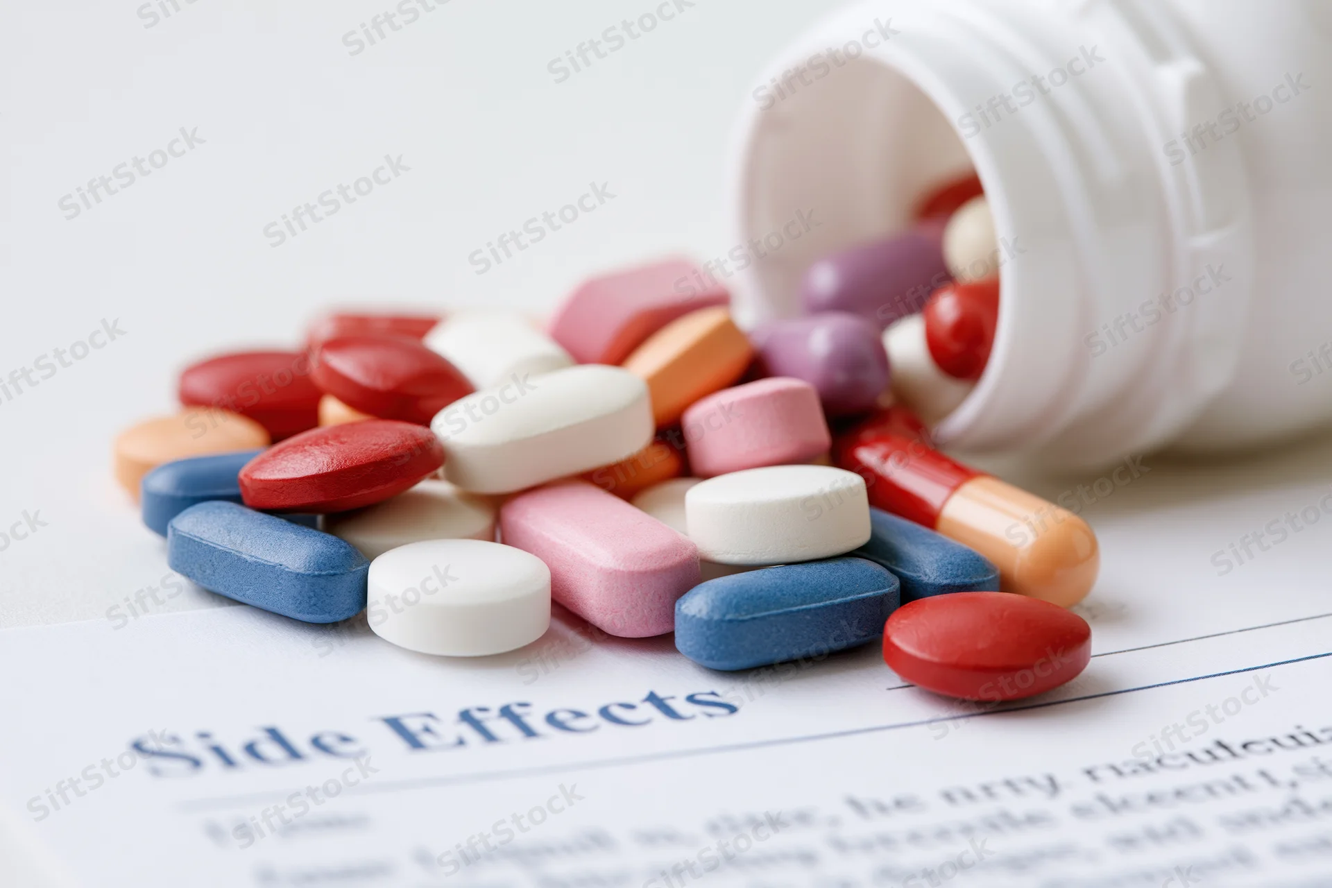 Assorted prescription pills and capsules spilling from a white bottle onto a document labeled side effects