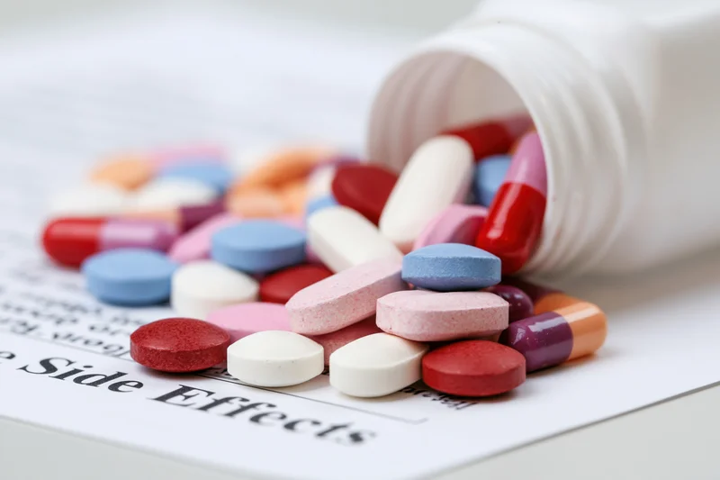 Assorted prescription pills and capsules spilling from a bottle onto a document labeled side effects