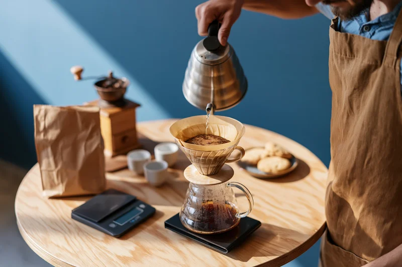 Barista pouring hot water from a gooseneck kettle into a paper filter over a glass carafe on a wooden table