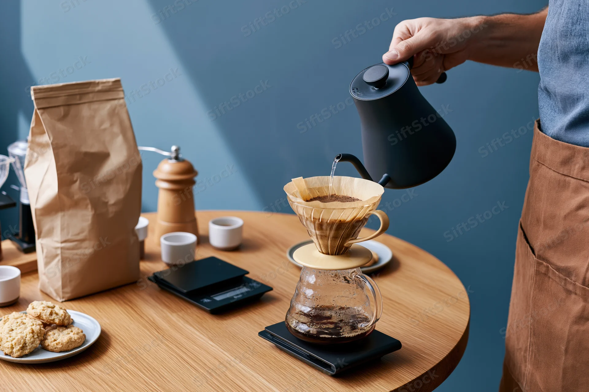 Barista pouring hot water from gooseneck kettle into paper filter over glass carafe on wooden table