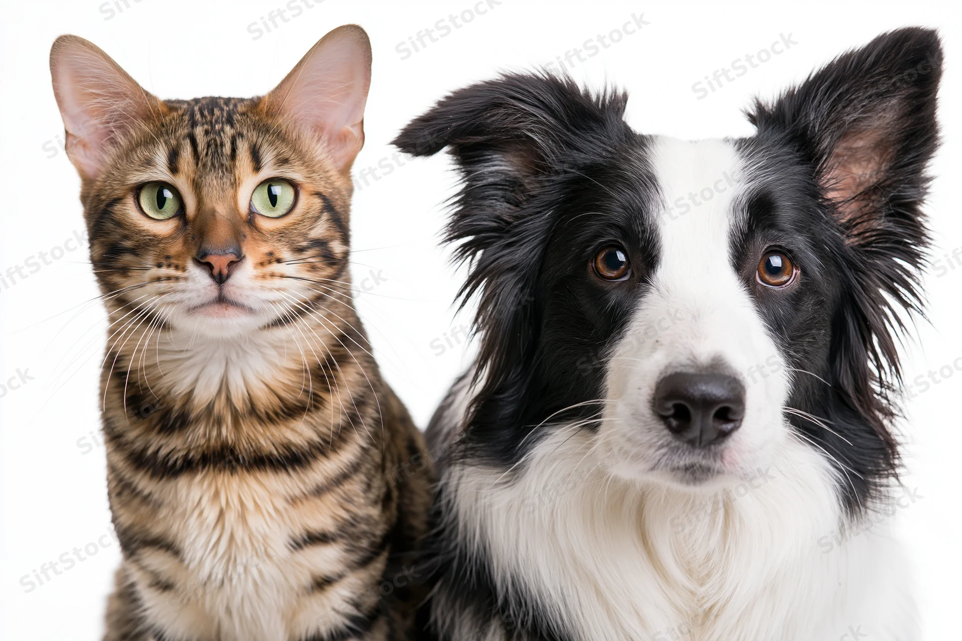 Bengal cat and border collie sitting side by side facing forward in studio portrait